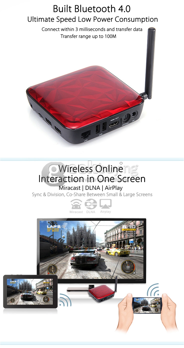 UGOOS UT3S Ubuntu 14.10 + Android 4.4 Dual Boot RK3288 Smart Media Player Quad Core HDMI 4G/32G Gigabit LAN 2.4GHz/5GHz WiFi 802.11a/c BT4.0 - Red