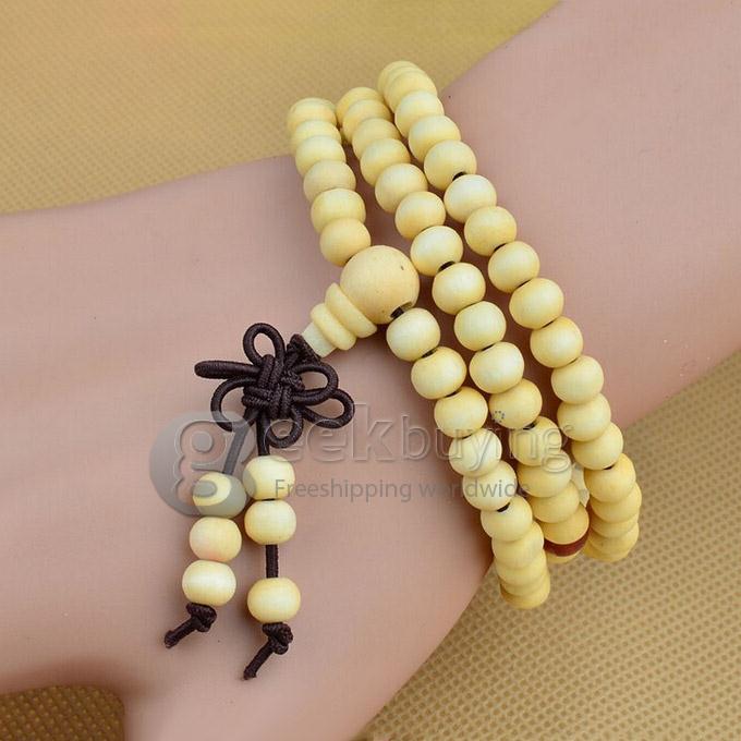 A002 Fashion Unisex 108 PCS Chinese Knot Bodhi Sandalwood Wooden Rosary Bead Bracelet - White