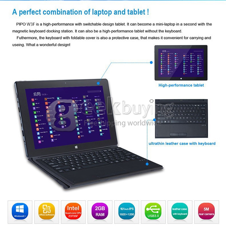 PIPO W3F 10.1 Inch Dual Boot Windows10 & Android4.4 Tablet PC 2GB/32GB Intel Z3735F Quad Core 1.83GHz IPS 1920*1200 HDMI Bluetooth WiFi - Black