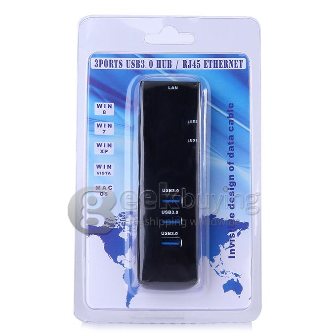 Extended 3 Ports USB 3.0 Hub with RJ45 Gigabit Ethernet - Black