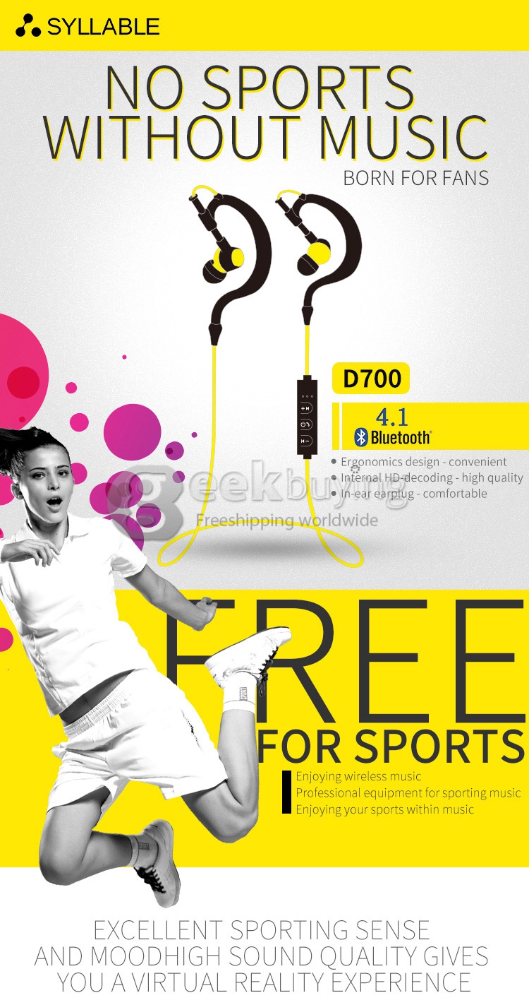 Syllable D700 Bluetooth 4.1 Sport Wireless Stereo Headset 2.4GHz-2.48GHz Headphone Earphone For iOS Android