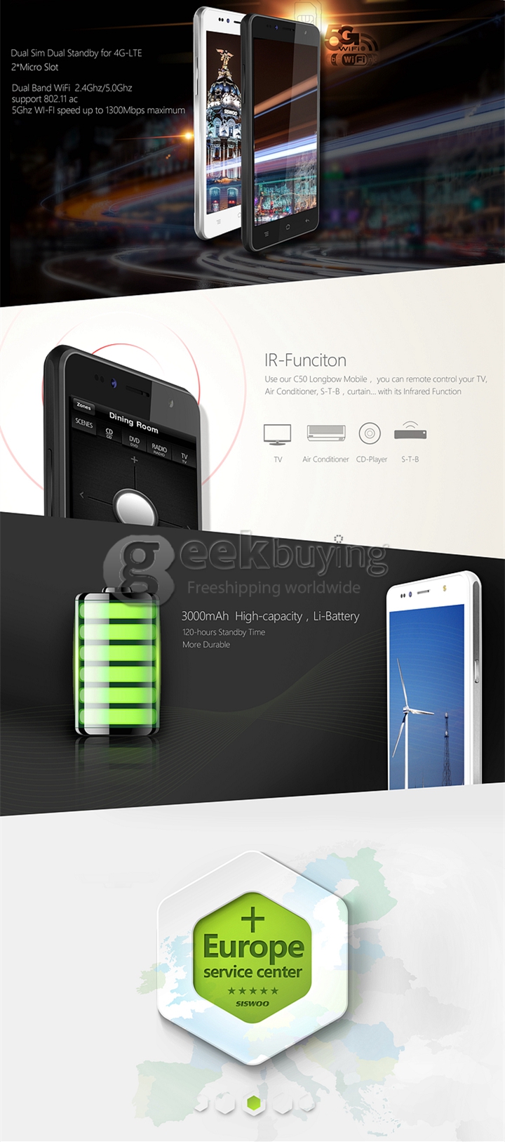 SISWOO C50 5.0inch 4G FDD-LTE Android 5.0 Smartphone MTK6735 Quad Core 1GB RAM 8GB ROM 8.0MP IPS HD - Black