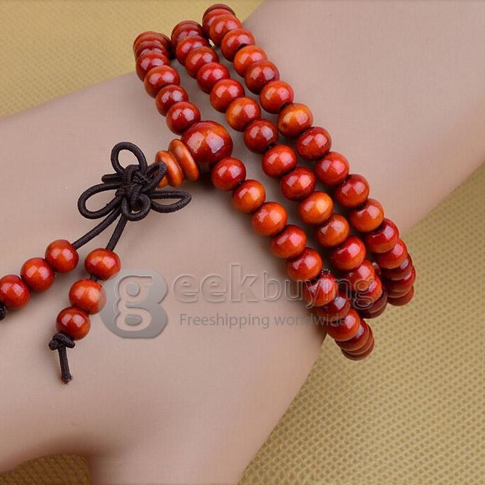 A002 Fashion Unisex 108 PCS Chinese Knot Bodhi Sandalwood Wooden Rosary Bead Bracelet - Reddish Orange