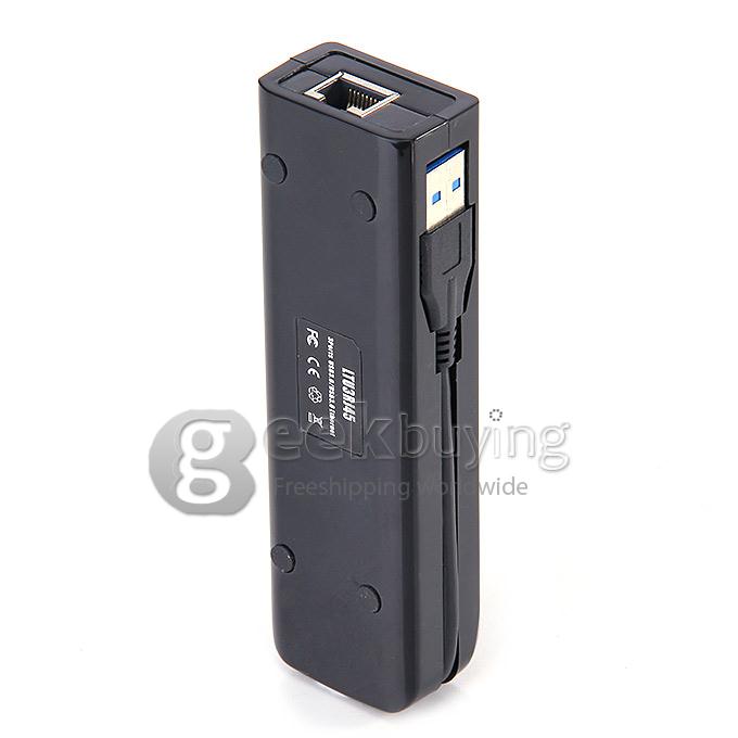 Extended 3 Ports USB 3.0 Hub with RJ45 Gigabit Ethernet - Black