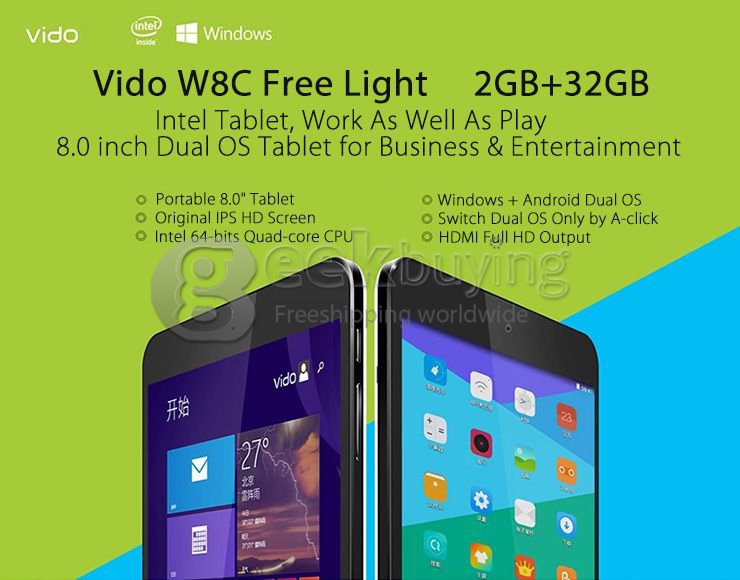 Vido W8C Free Light Dual OS Windows 8.1 & Android 4.4 Tablet PC 2GB/32G Intel Z3735F Quad Core 1.8GHz 8 Inch IPS 1280*800 HDMI WiFi OTG - Black + White