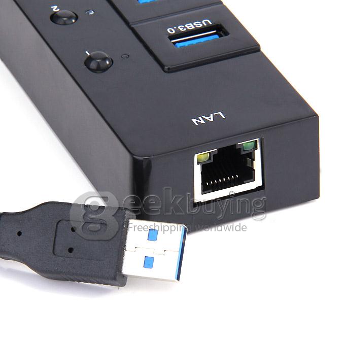 Extended 3 Ports USB 3.0 Hub with RJ45 Gigabit Ethernet - Black