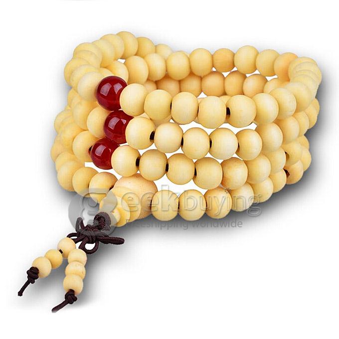 A002 Fashion Unisex 108 PCS Chinese Knot Bodhi Sandalwood Wooden Rosary Bead Bracelet - White