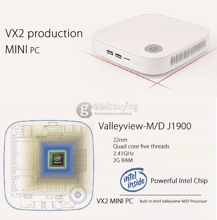 VX2 Celeron J1900 Windows 8.1 Mini PC Intel Quad Core HDMI 500G Wi-Fi 802.11 a/b/g/n ac LAN Bluetooth 4.0 XBMC KODI VGA - White