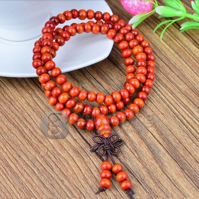 A002 Fashion Unisex 108 PCS Chinese Knot Bodhi Sandalwood Wooden Rosary Bead Bracelet - Reddish Orange