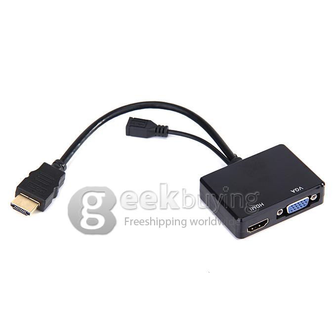 HDMI/MHL to HDMI & VGA Audio Splitter Converter Adapter with 3.5mm Audio Cable for Samsung Galaxy S3/S4/S5/Note2/3/4 - Black