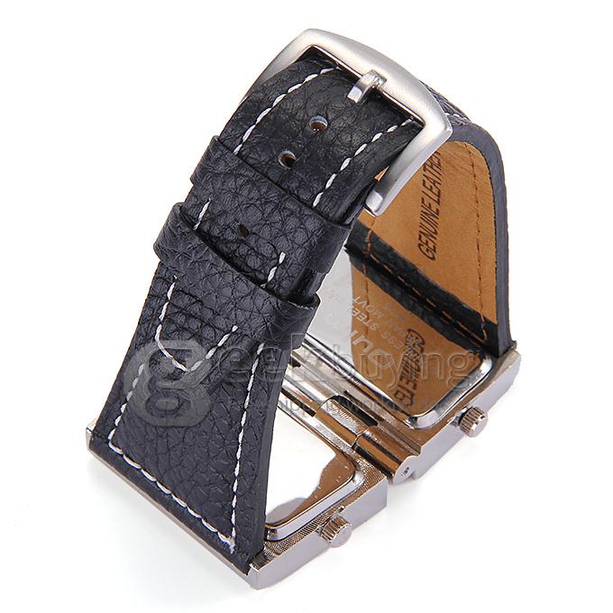 Oulm9525 Fashion Rectangular Dial Display Quartz Wrist Watch with Multiple Time Zones - Silver + Black