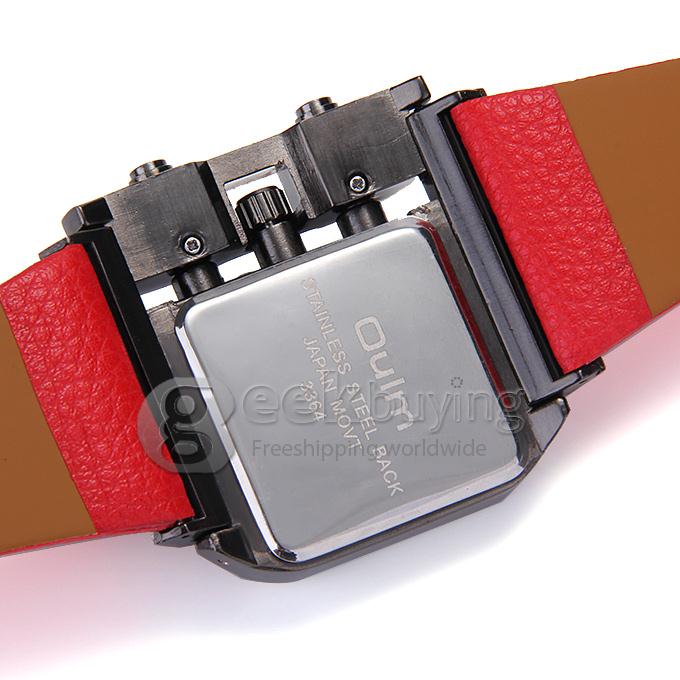 Oulm 3364 Fashion Men Military Wristwatch Sports Quartz Watch With Rectangular Dial And Leather Strap - Red