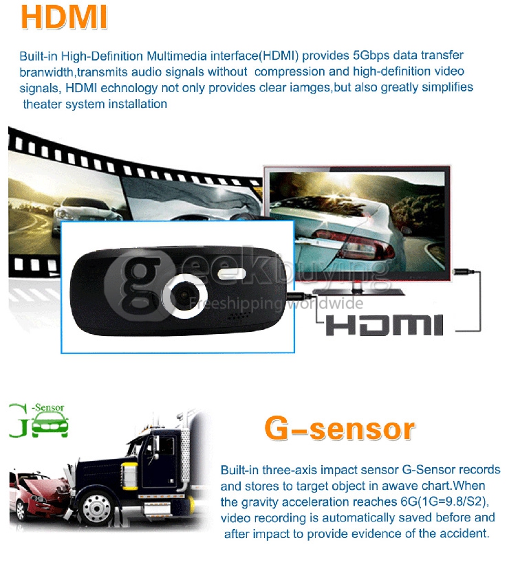 G1WT Full HD 1080P 2.7Inch 120 Degree Wide Angle G-Sensor Motion Detection HDMI/USB/AV-Out Car DVR Recorder - Black
