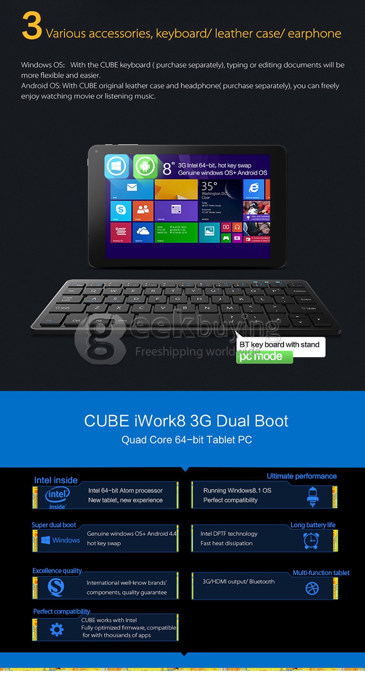 Cube iWork8 3G Dual Boot Win 8.1 + Android 4.4 Tablet PC 2GB/32GB Intel Z3735F Quad Core 1.8GHz 8