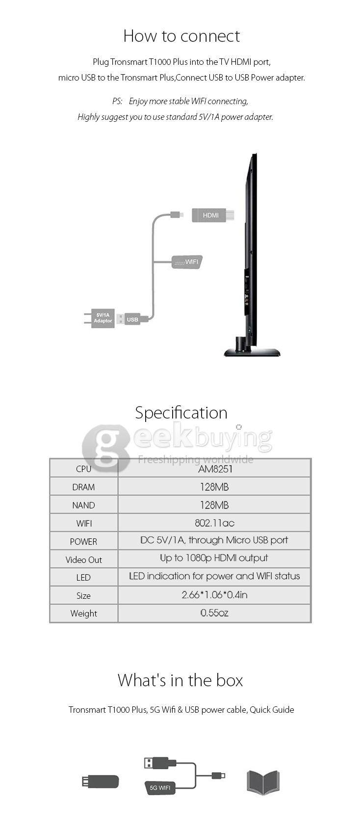 Tronsmart T1000 Plus Ezcast Dongle 5GHz 802.11ac Wireless Display HDMI Adapter OTA Mirror2TV Miracast DLNA Airplay