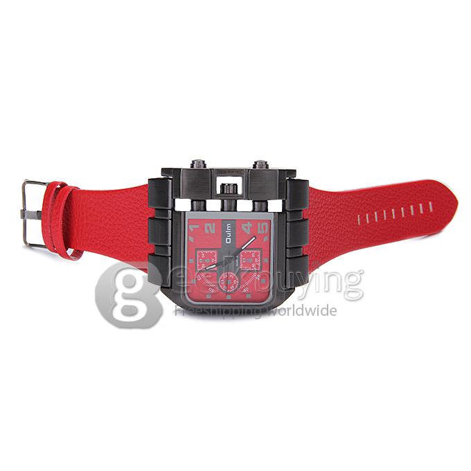 Oulm 3364 Fashion Men Military Wristwatch Sports Quartz Watch With Rectangular Dial And Leather Strap - Red