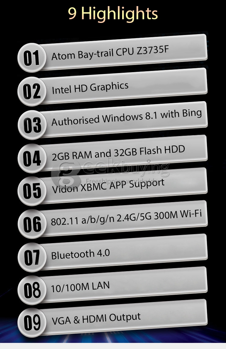 Egreat i6 Windows 8.1 Mini PC Intel Z3735F 2G RAM 32G ROM Wintel Player 2.4G/5G WIFI VGA Bluetooth - Black