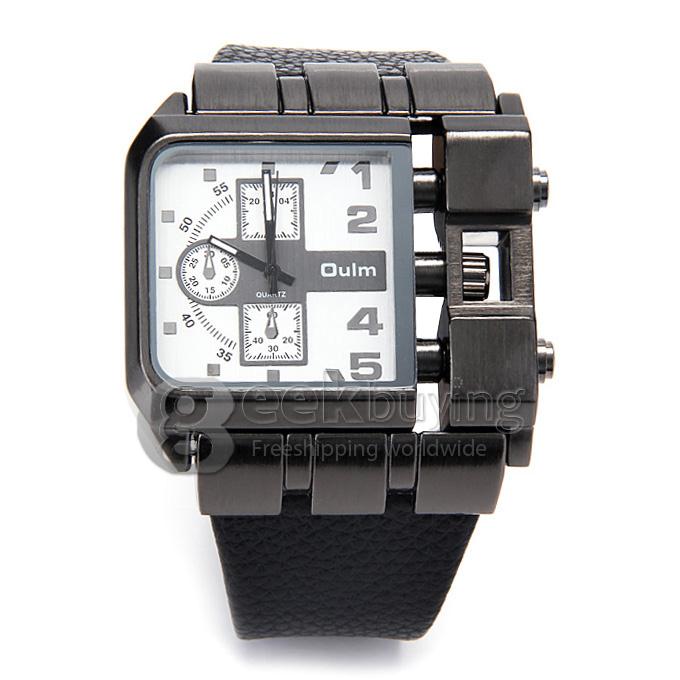 Oulm 3364 Fashion Men Military Wristwatch Sports Quartz Watch With Rectangular Dial And Leather Strap - White + Black