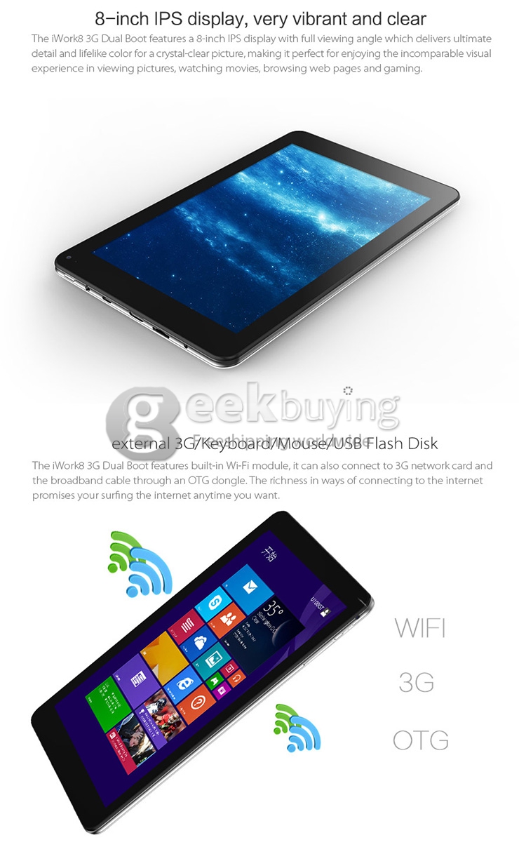 Cube iWork8 3G Dual Boot Win 8.1 + Android 4.4 Tablet PC 2GB/32GB Intel Z3735F Quad Core 1.8GHz 8