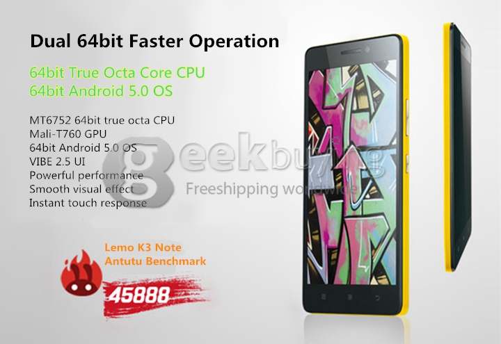 [HK Stock]Lenovo Lemo K3 NOTE 5.5inch FHD 4G Smartphone Android 5.0 2GB 16GB 64bit MTK6752 Octa Core 1.7GHz IPS - Yellow