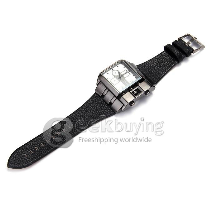 Oulm 3364 Fashion Men Military Wristwatch Sports Quartz Watch With Rectangular Dial And Leather Strap - White + Black
