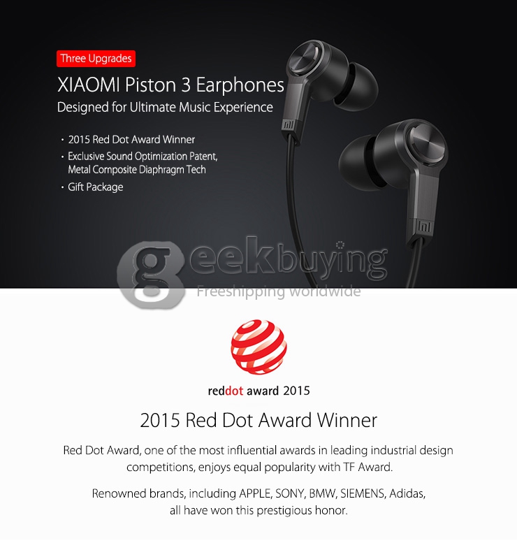 New Original Xiaomi Piston 3 Earphone 2015 In-Ear Earphones Wire Control Mic for iPhone iPod Android - Black