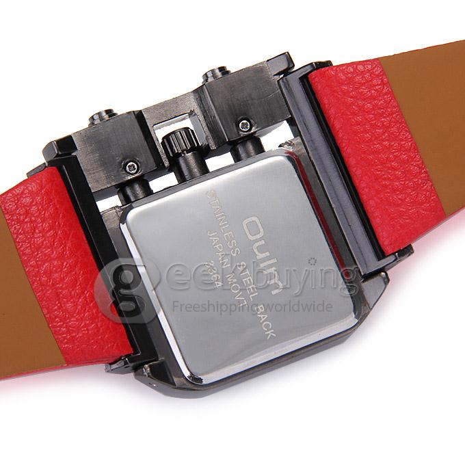 Oulm 3364 Fashion Men Military Wristwatch Sports Quartz Watch With Rectangular Dial And Leather Strap - Red