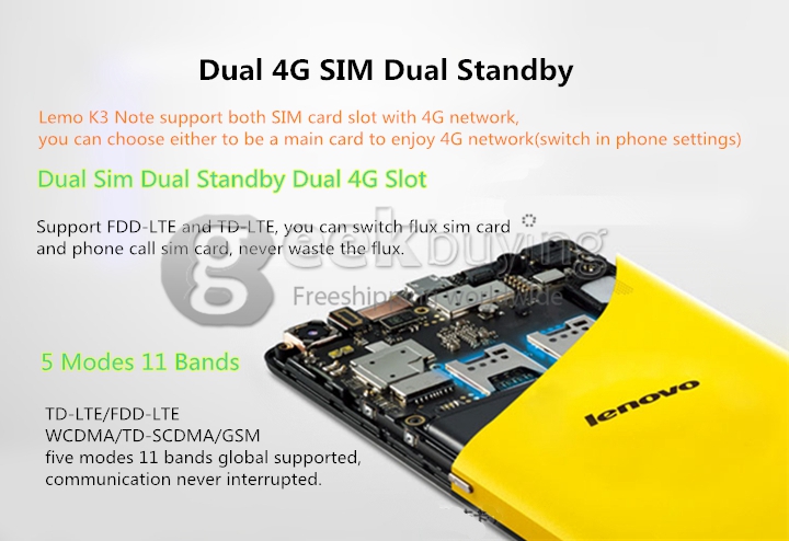 [HK Stock]Lenovo Lemo K3 NOTE 5.5inch FHD 4G Smartphone Android 5.0 2GB 16GB 64bit MTK6752 Octa Core 1.7GHz IPS - Yellow