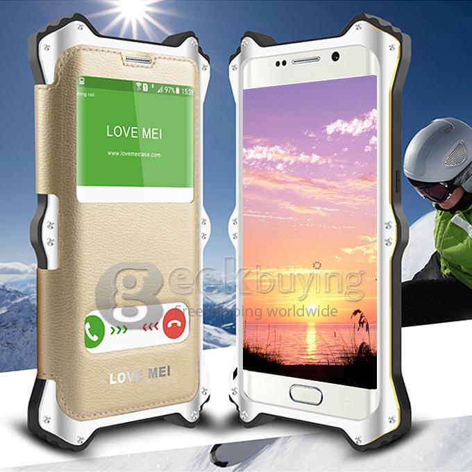 LOVE MEI Detachable 2in1 Metal Aluminum Cover + Window View Luxury Leather Flip Case for SAMSUNG Galaxy S6 Edge - White
