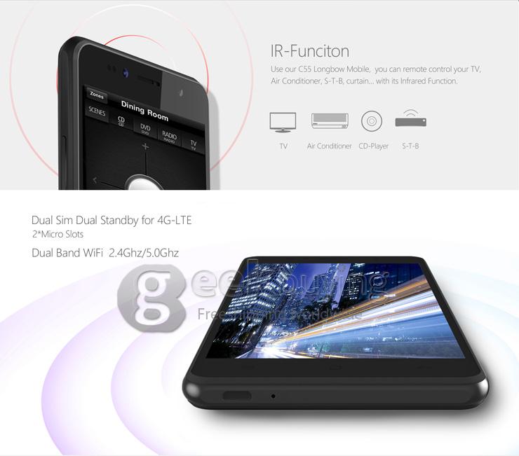 SISWOO C55 5.5inch 4G FDD-LTE Android 5.1 2GB 16GB Smartphone 64bit MTK6753 Octa Core 13.0MP IPS HD Breath Light - Black