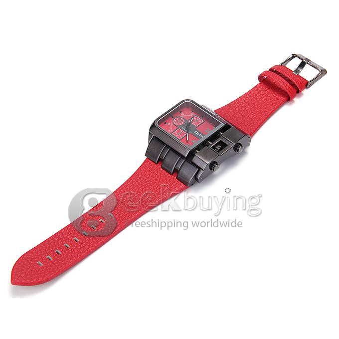 Oulm 3364 Fashion Men Military Wristwatch Sports Quartz Watch With Rectangular Dial And Leather Strap - Red