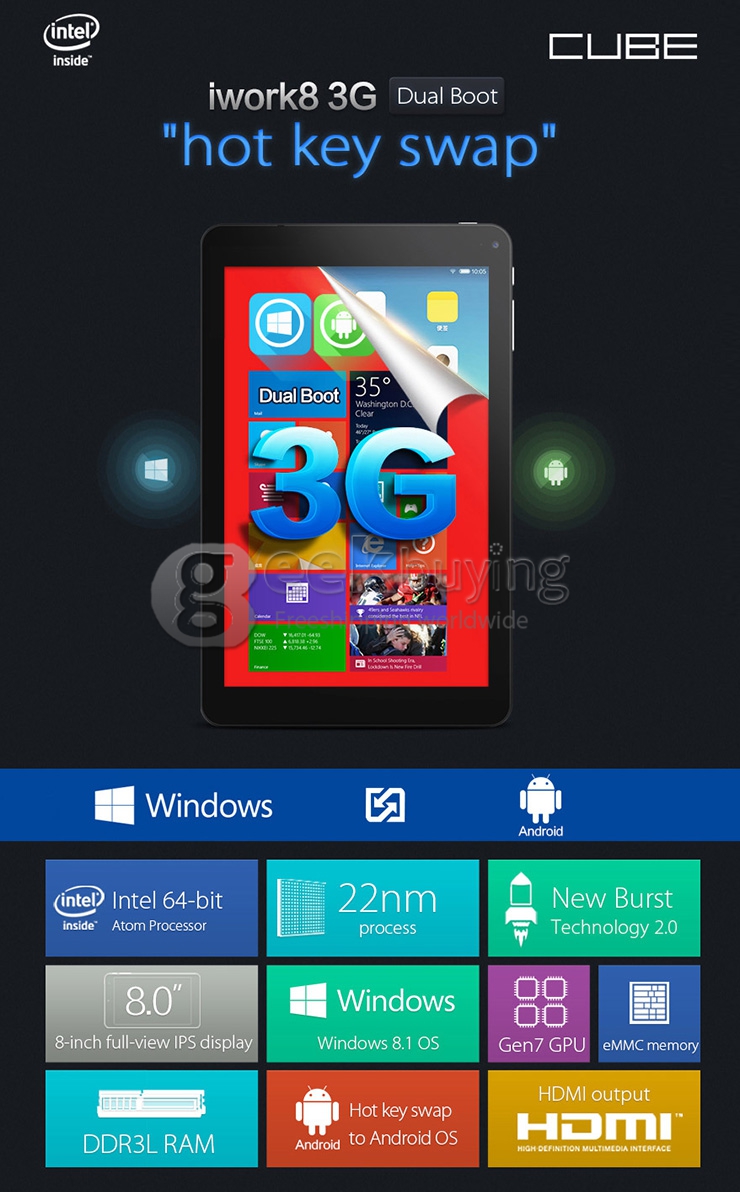 Cube iWork8 3G Dual Boot Win 8.1 + Android 4.4 Tablet PC 2GB/32GB Intel Z3735F Quad Core 1.8GHz 8