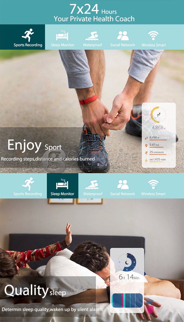 IDO Waterproof Smart Bluetooth 4.0 Bracelet Watch Sport Sleep Track Call Message Remind for Android iOS - Black