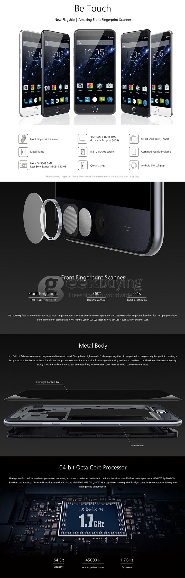 Ulefone Be Touch 5.5inch HD 4G LTE Smartphone Android 5.0 3GB 16GB 64bit MTK6752 Octa Core 1.7 GHz 13.0MP Fingerprint ID- White