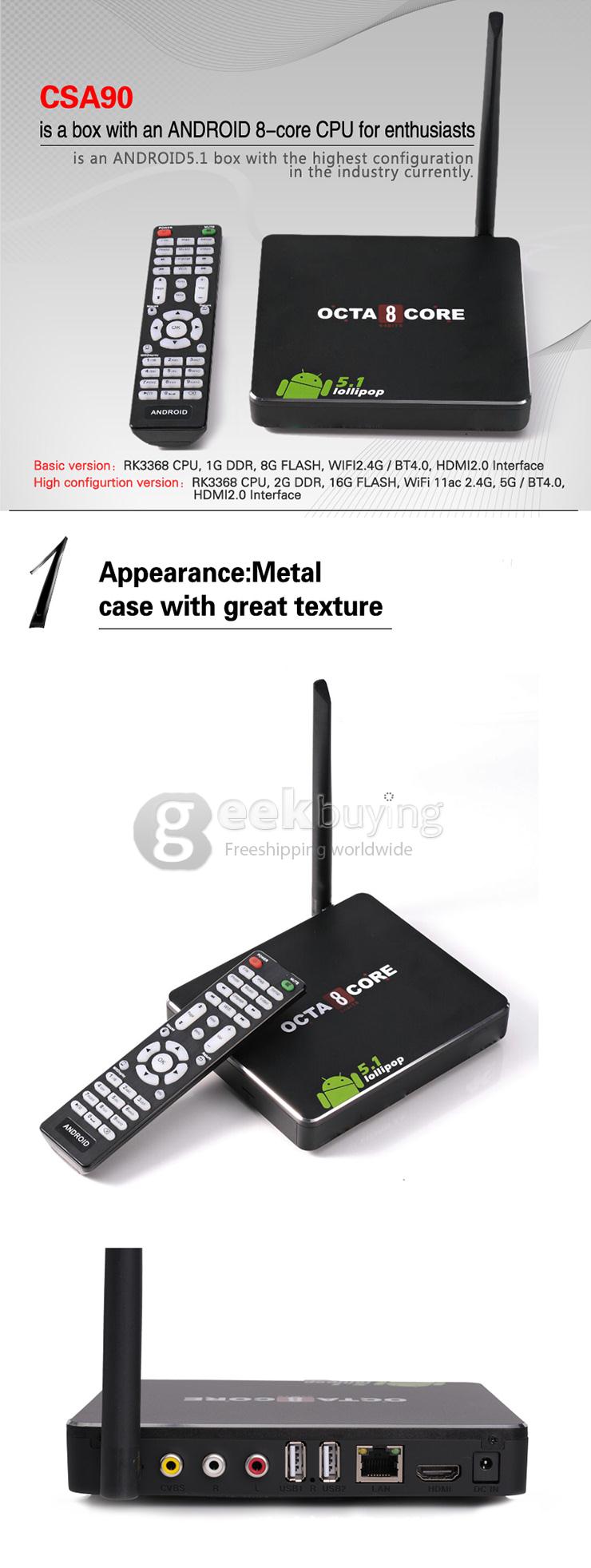 CSA90 Android 5.1 Lollipop TV Box RK3368 64-Bit Octa Core 2G/16G 2.4G/5G WiFi Gigabit LAN Bluetooth4.0 HDMI 4K H.265