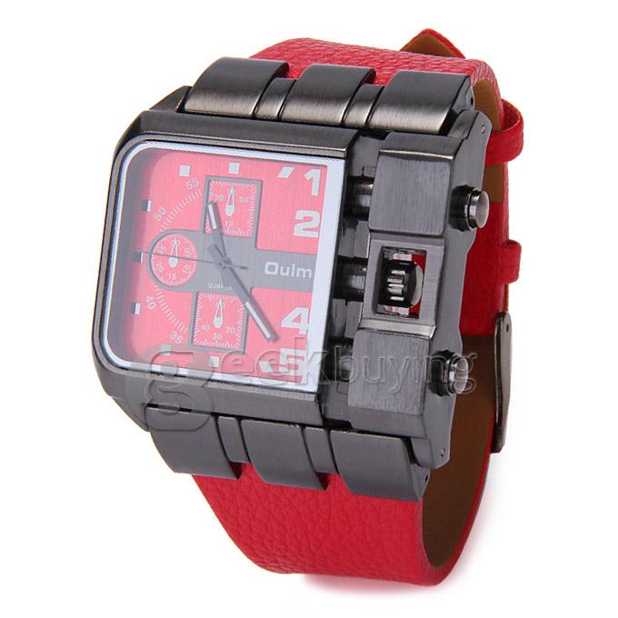 Oulm 3364 Fashion Men Military Wristwatch Sports Quartz Watch With Rectangular Dial And Leather Strap - Red