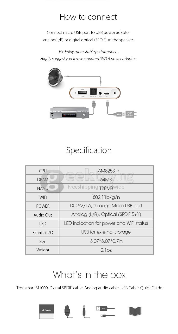 [HK Stock]Tronsmart M1000 EZCast Music Box Receiver OTA Autoplay EZChannel Internal Radio Support Airplay/DLNA/Qplay