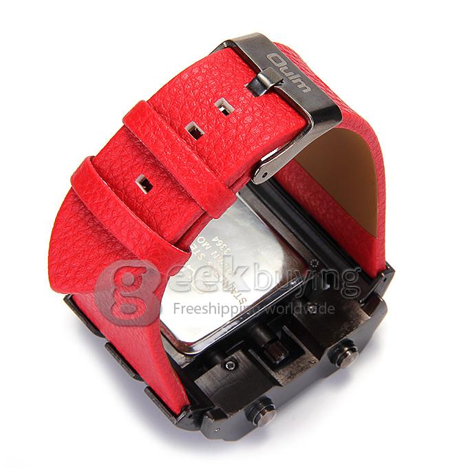 Oulm 3364 Fashion Men Military Wristwatch Sports Quartz Watch With Rectangular Dial And Leather Strap - Red