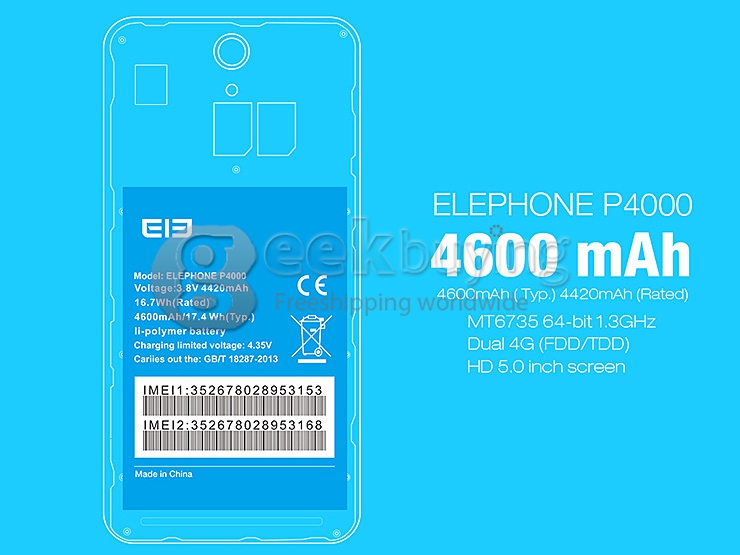 [HK Stock]Elephone P4000 5.0inch 64bit 4G LTE Android 5.1 Smartphone MTK6735 Quad Core 2GB RAM 16GB ROM 4800mAh Battery - White