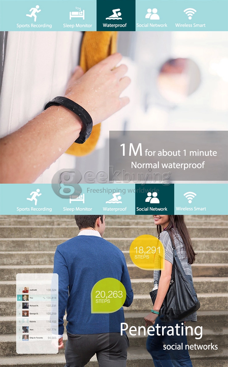 IDO Waterproof Smart Bluetooth 4.0 Bracelet Watch Sport Sleep Track Call Message Remind for Android iOS - Black