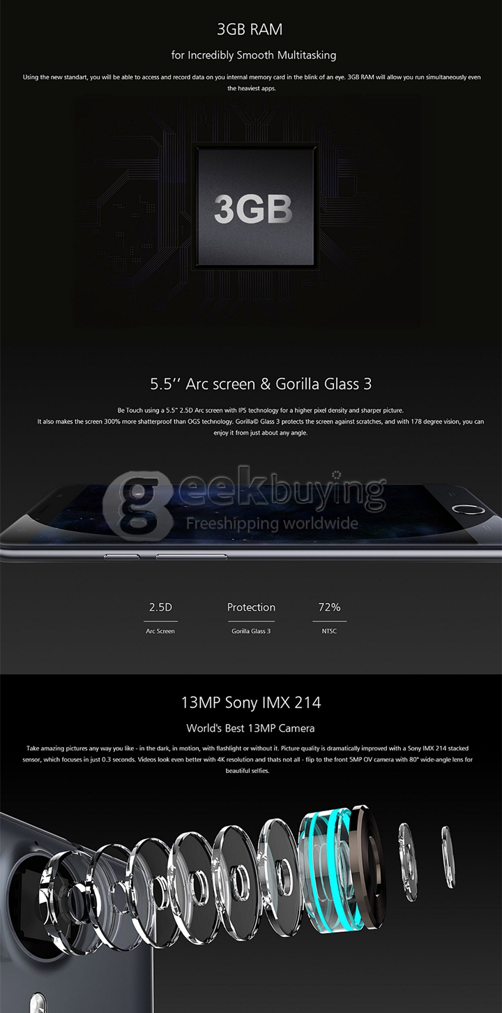 Ulefone Be Touch 5.5inch HD 4G LTE Smartphone Android 5.0 3GB 16GB 64bit MTK6752 Octa Core 1.7 GHz 13.0MP Fingerprint ID- Metal Grey