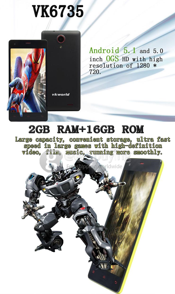 VKWORLD VK6735 5.0inch 4G FDD-LTE Android 5.1 Smartphone MTK6735 Quad Core 2GB 16GB 13.0MP Smart Wake Miracast - Black