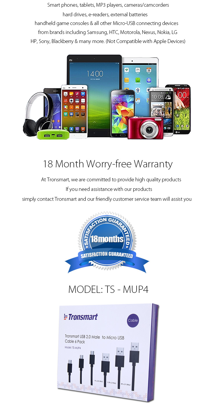 [Spain Stock] Tronsmart [6 Pack]1ft*2 & 3ft*2 & 6ft*2 Micro USB Cables High Speed USB 2.0 Male to Micro USB Sync/Charging Cables