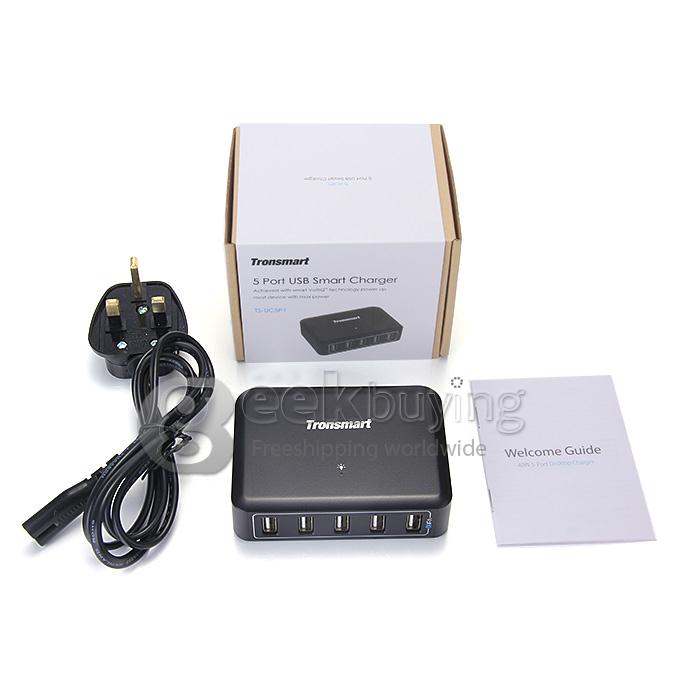 Tronsmart 5 Port 40W 8000mA Speed USB Smart Charger With VoltIQ For iPad iPhone iPod Android Windows Tablets - UK Plug