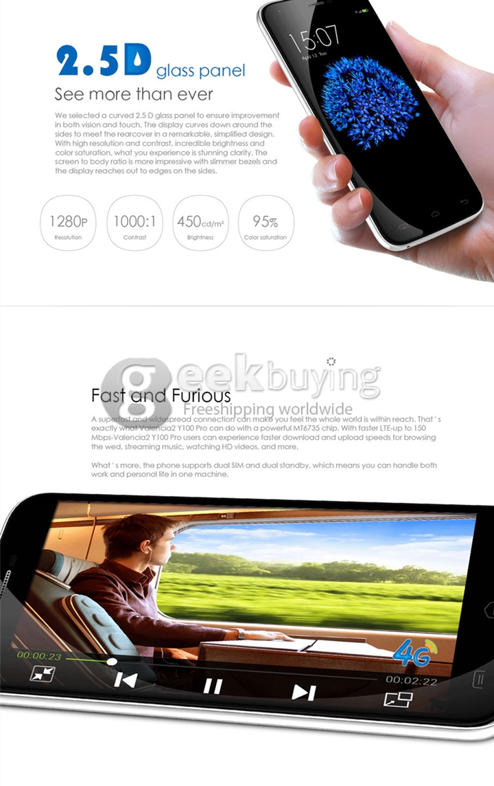DOOGEE VALENCIA 2 Y100 PRO 5.0inch 2.5D Corning Gorilla Glass 64bit 4G FDD-LTE Android 5.1 Smartphone MTK6735 Quad Core - Grey