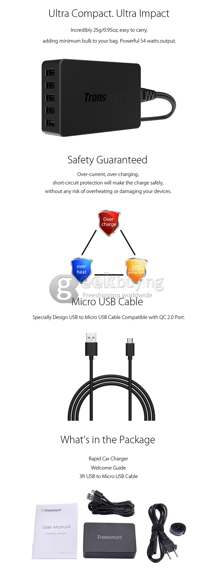 Qualcomm Certified Tronsmart Quick Charge 2.0 54W 5 Ports Desktop USB Charger Wall Charger for Samsung/Sony - AU Plug