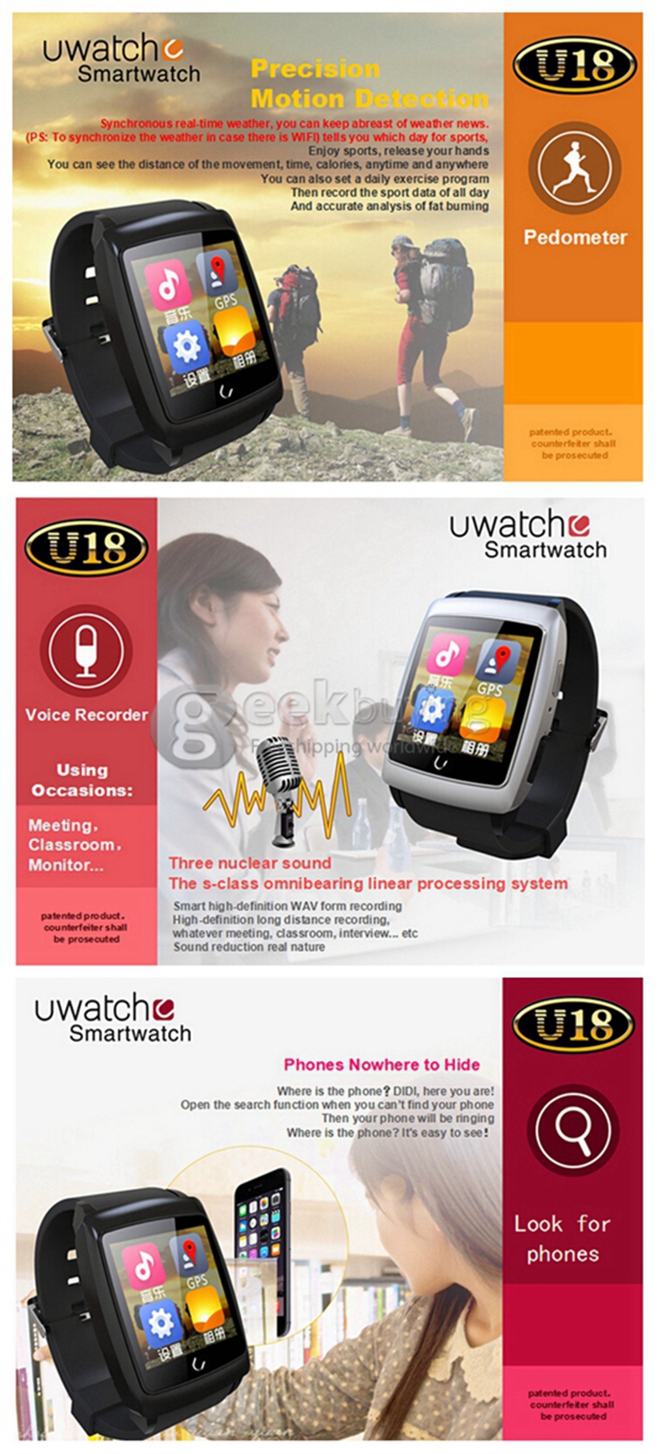 U18 Android 4.4.2 Smart Wifi Watch 4G ROM Dual Mode BT4.0 Sport Wrist Watch For Android - Gold