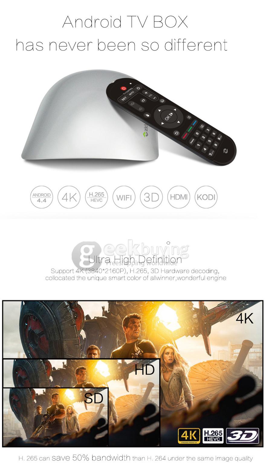 ZIDOO X1 4K TV Box Android 4.4 H.265 3D 1G/8G 802.11 b/g/n LAN HDMI KODI - Silver