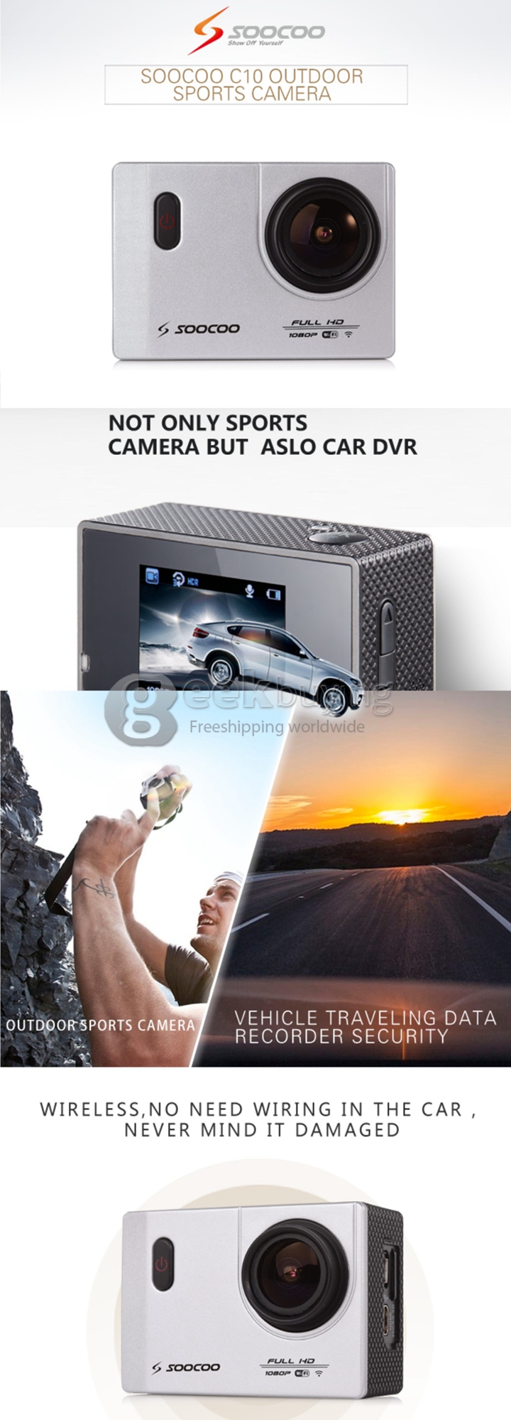 SOOCOO C10 WiFi Action Camera Novatek 96655 1080P 170 Wide Angle Lens Sports HD Camcorder - Silver