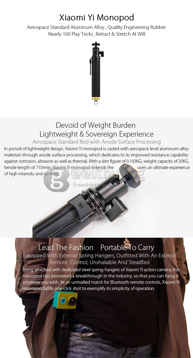 Original XiaoYi Alluminum Alloy Self-Timer Monopod Selfie Stick with Bluetooth Remote Controller For XiaoYi Yi Action Camera - Black